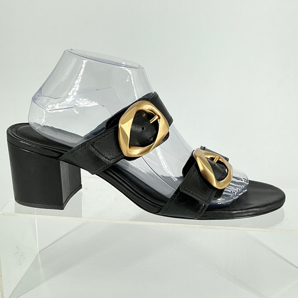 Schutz Size 10.5 Black Leather Strap Gold Buckle Slide Sandals NEW Olga $168